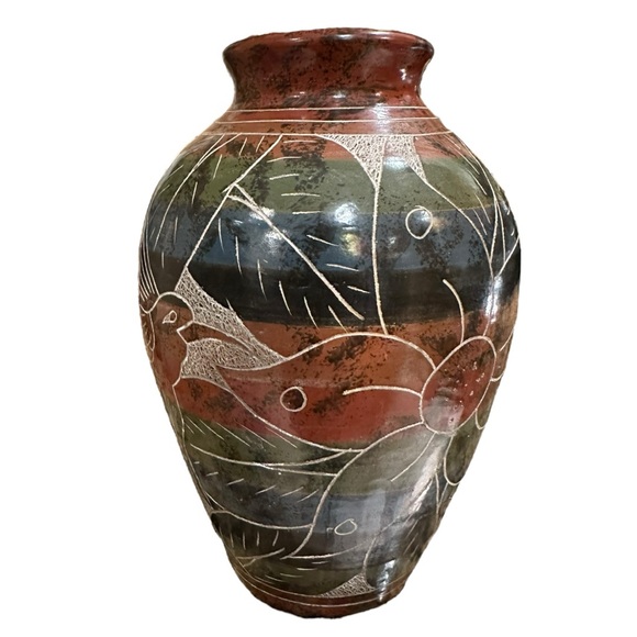 Vintage Nicaragua Carved/Etched Folk Art Pottery Clay Vase Tropical Hummingbird - Picture 4 of 12